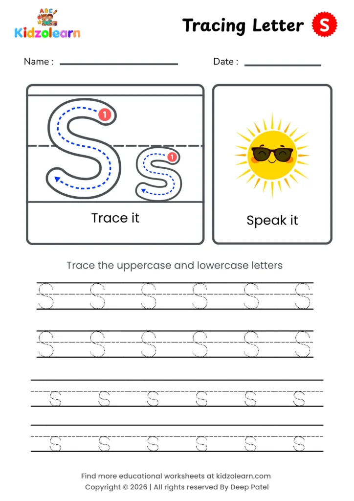 Free letter S tracing worksheet for kids – printable PDF with uppercase and lowercase letter S trace it and speak it activities with numbered dotted stroke guidelines