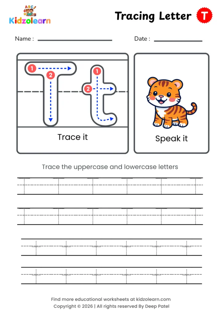 Free letter T tracing worksheet for kids – printable PDF with uppercase and lowercase letter T trace it and speak it activities with numbered dotted stroke guidelines