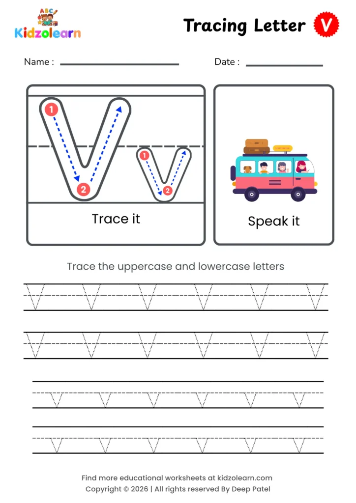 Free letter V tracing worksheet for kids – printable PDF with uppercase and lowercase letter V trace it and speak it activities with numbered dotted stroke guidelines