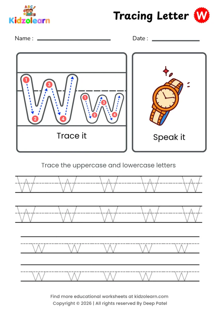 Free letter W tracing worksheet for kids – printable PDF with uppercase and lowercase letter W trace it and speak it activities with numbered dotted stroke guidelines