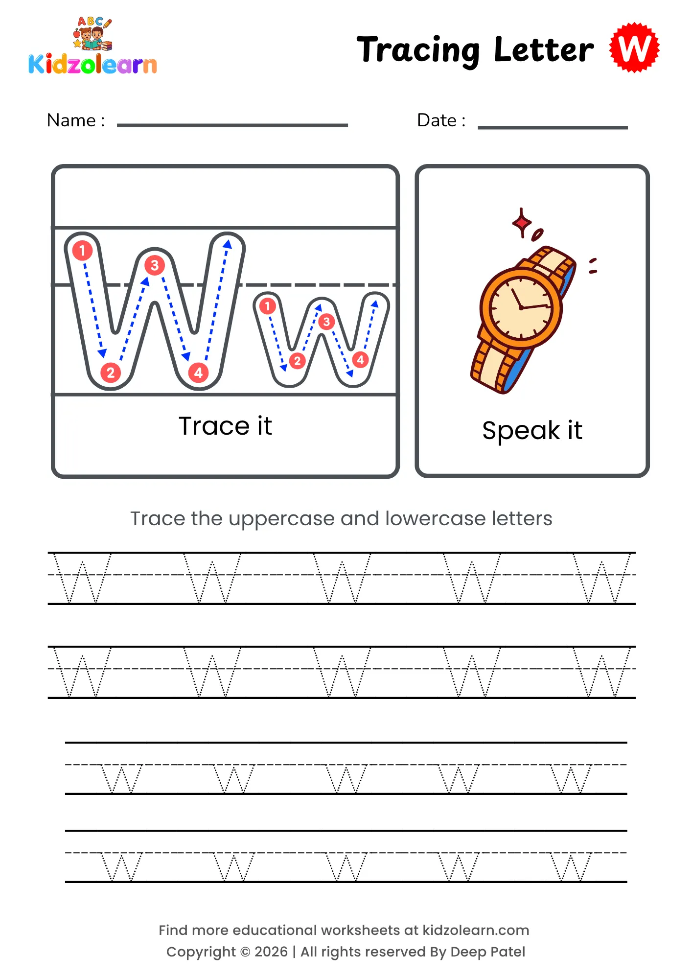 Free letter W tracing worksheet for kids – printable PDF with uppercase and lowercase letter W trace it and speak it activities with numbered dotted stroke guidelines