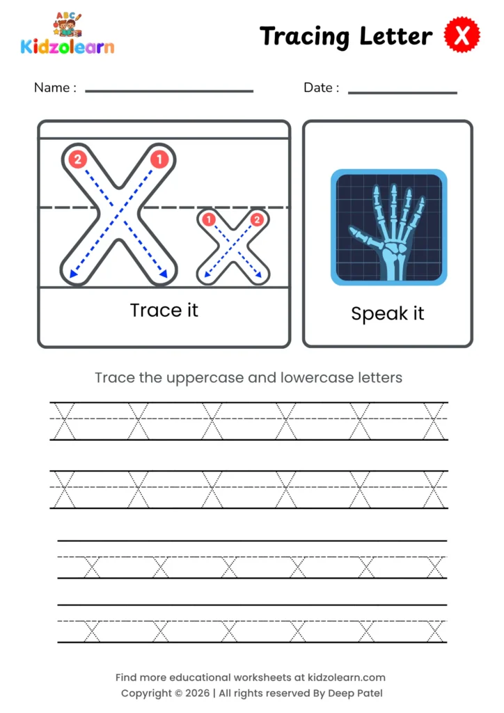Free letter X tracing worksheet for kids – printable PDF with uppercase and lowercase letter X trace it and speak it activities with numbered dotted stroke guidelines