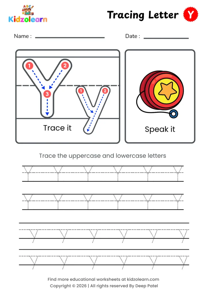 Free letter Y tracing worksheet for kids – printable PDF with uppercase and lowercase letter Y trace it and speak it activities with numbered dotted stroke guidelines