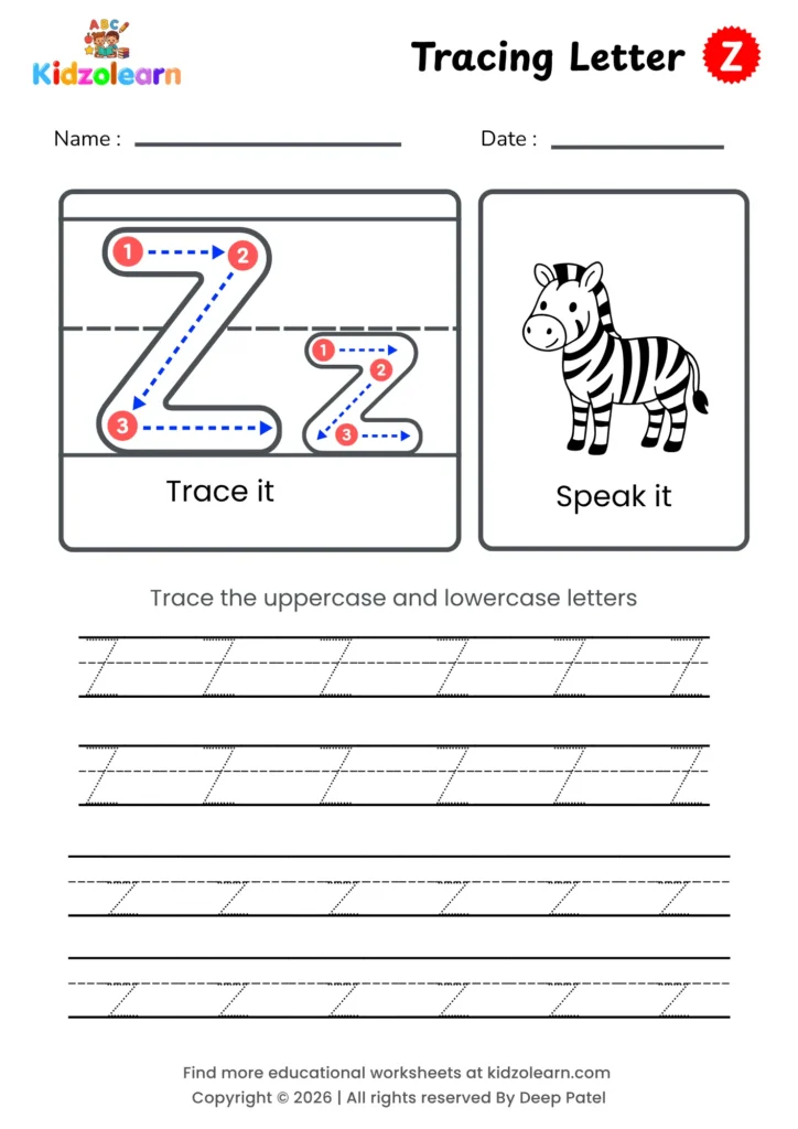 Free letter Z tracing worksheet for kids – printable PDF with uppercase and lowercase letter Z trace it and speak it activities with numbered dotted stroke guidelines