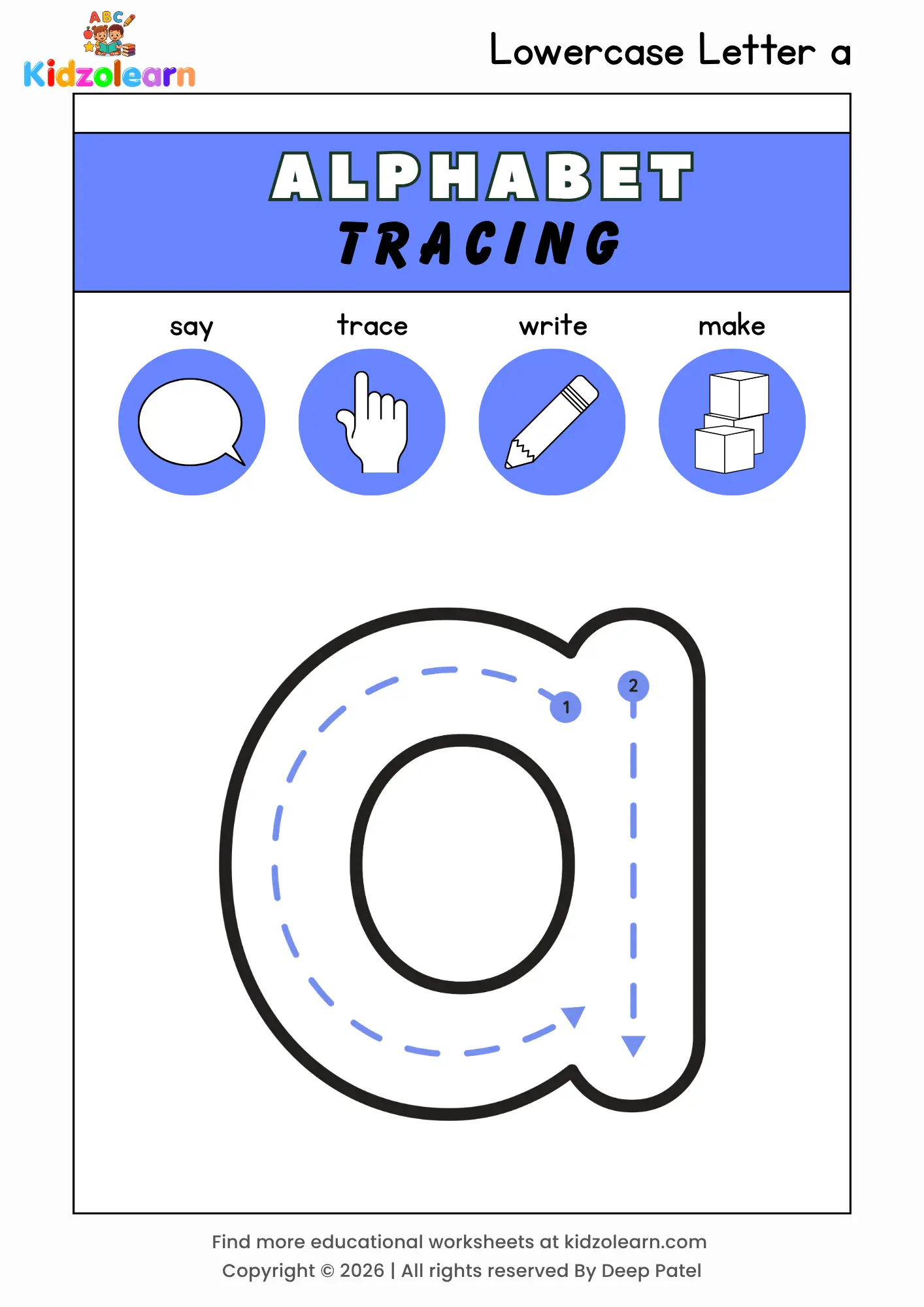 Free lowercase letter a tracing worksheet for kids – printable PDF with say, trace, write and make activities and numbered dotted stroke guidelines