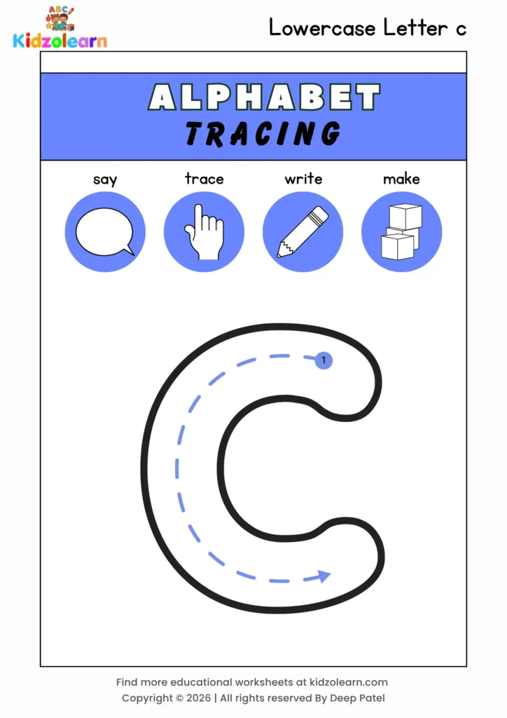 Free lowercase letter c tracing worksheet for kids – printable PDF with say, trace, write and make activities and numbered dotted stroke guidelines