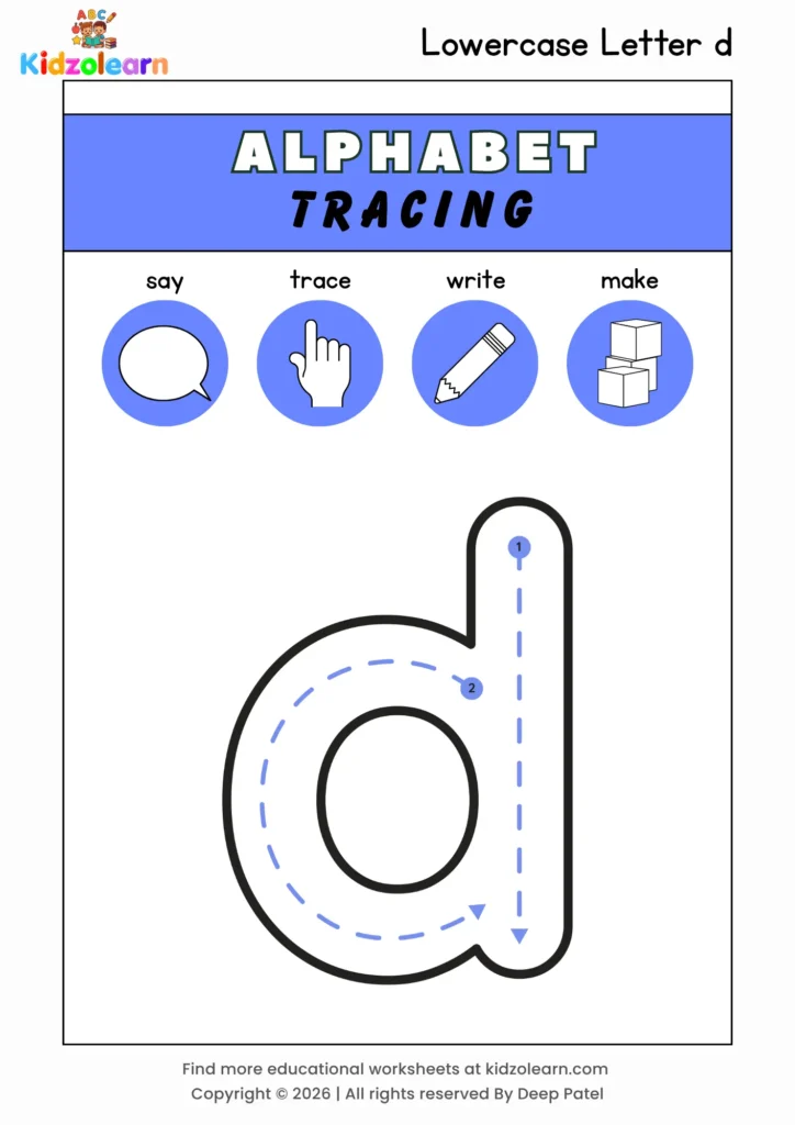 Free lowercase letter d tracing worksheet for kids – printable PDF with say, trace, write and make activities and numbered dotted stroke guidelines