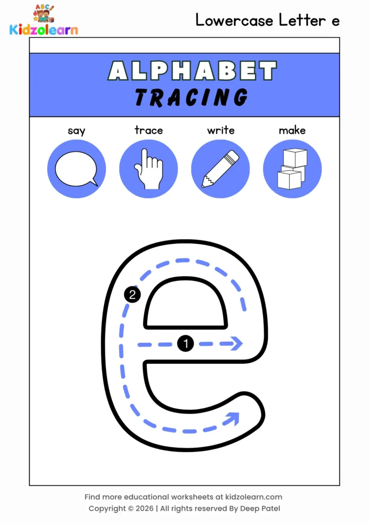 Free lowercase letter e tracing worksheet for kids – printable PDF with say, trace, write and make activities and numbered dotted stroke guidelines