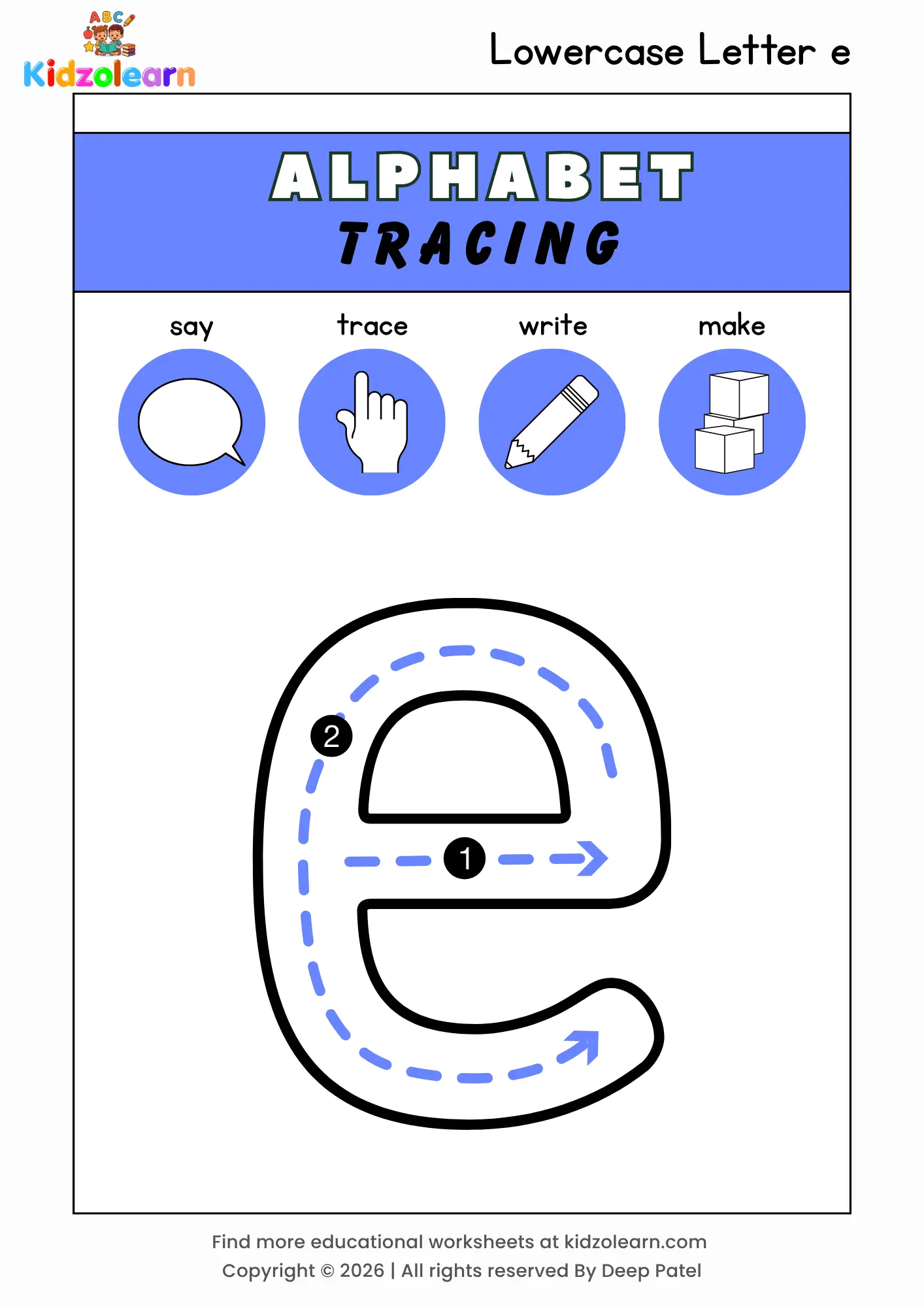 Free lowercase letter e tracing worksheet for kids – printable PDF with say, trace, write and make activities and numbered dotted stroke guidelines