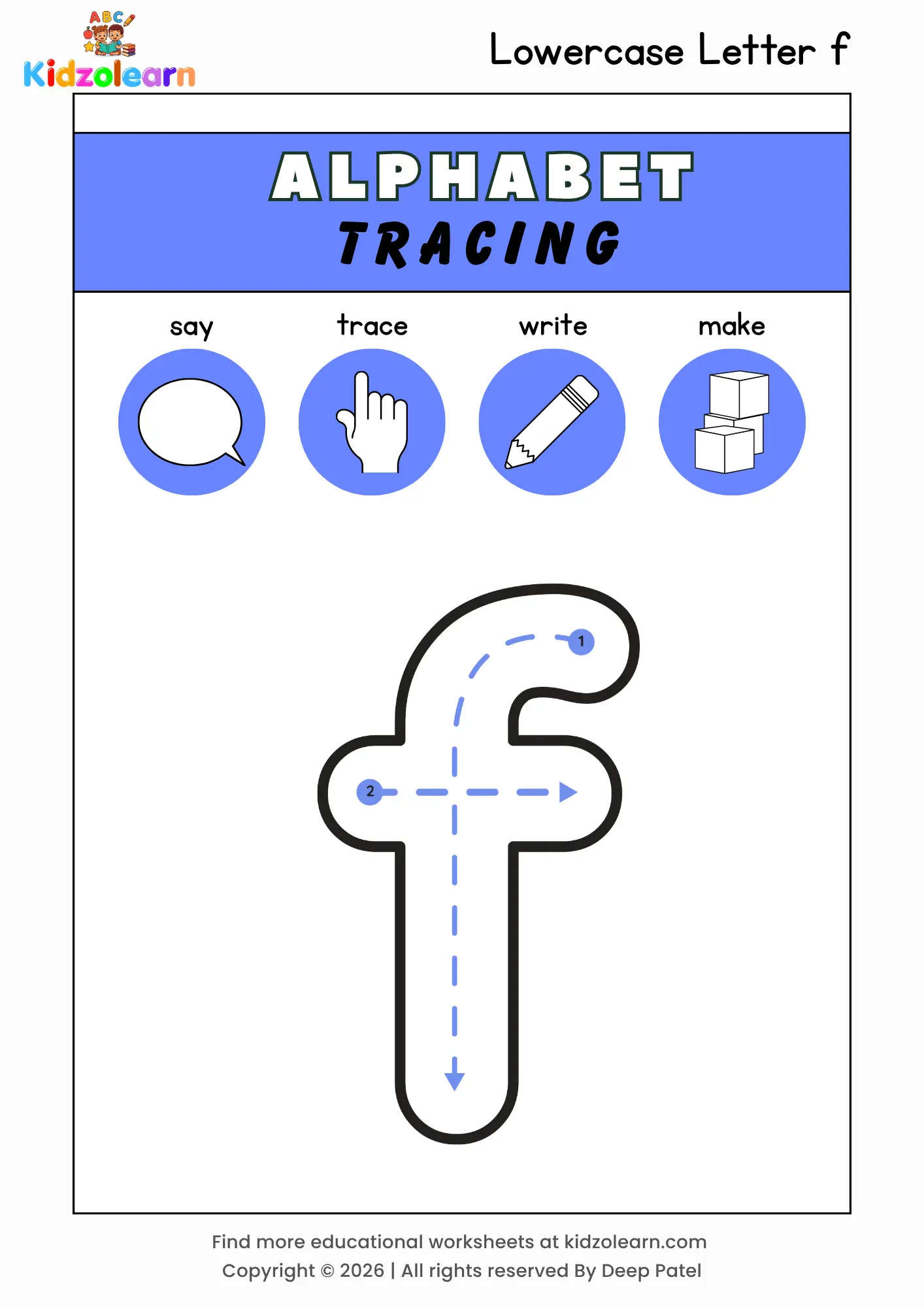 Free lowercase letter f tracing worksheet for kids – printable PDF with say, trace, write and make activities and numbered dotted stroke guidelines