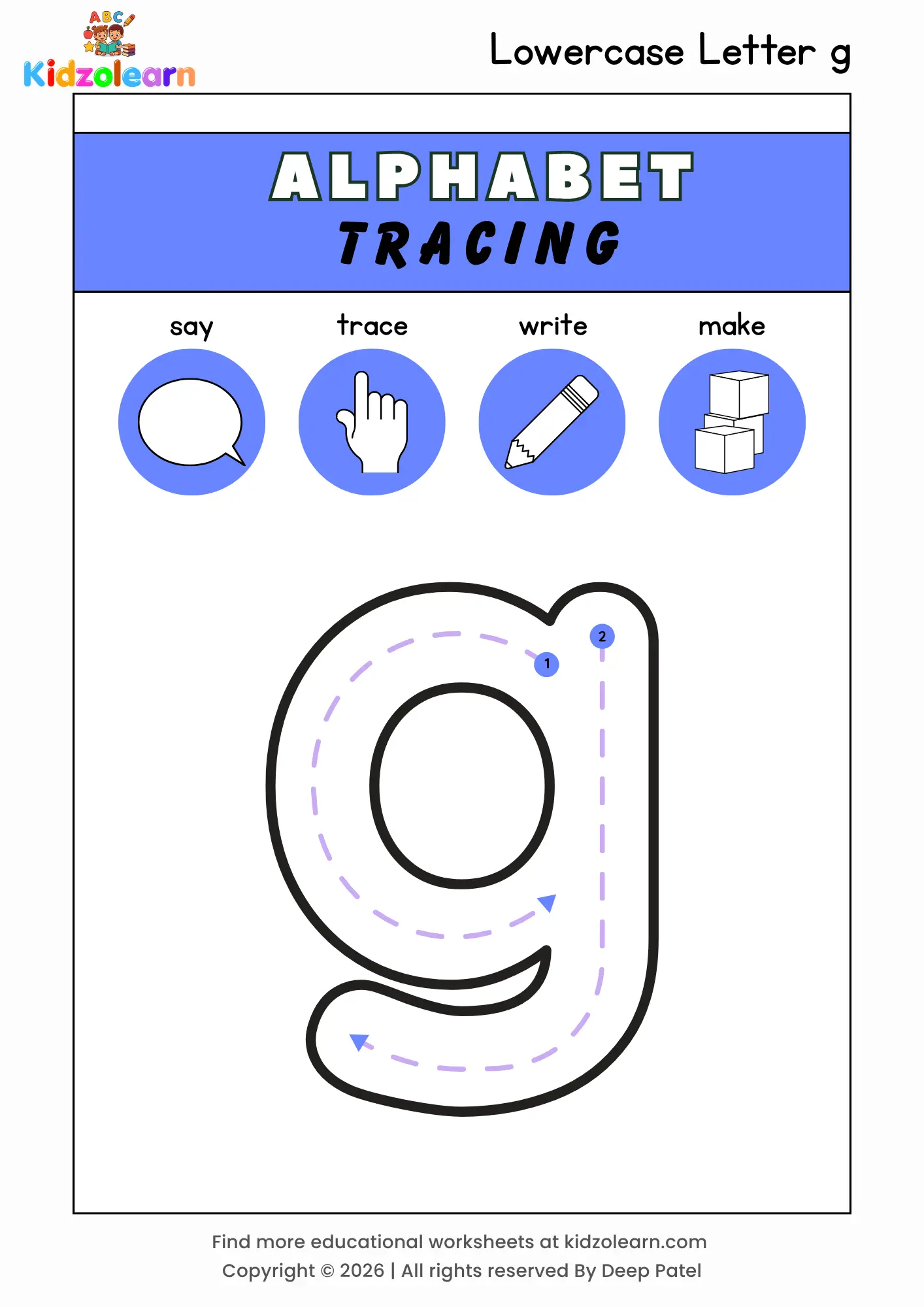 Free lowercase letter g tracing worksheet for kids – printable PDF with say, trace, write and make activities and numbered dotted stroke guidelines