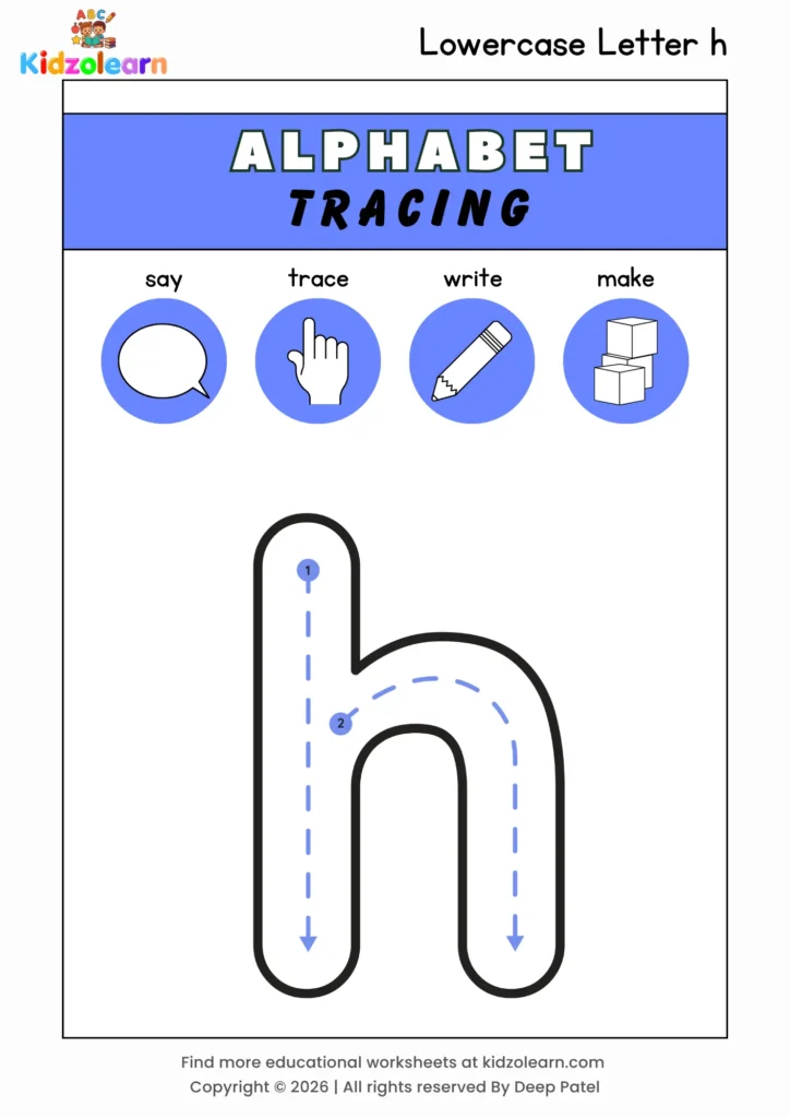Free lowercase letter h tracing worksheet for kids – printable PDF with say, trace, write and make activities and numbered dotted stroke guidelines
