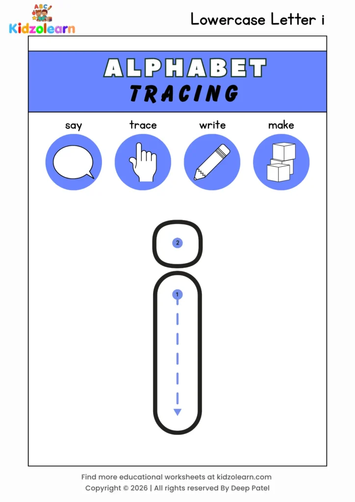 Free lowercase letter i tracing worksheet for kids – printable PDF with say, trace, write and make activities and numbered dotted stroke guidelines