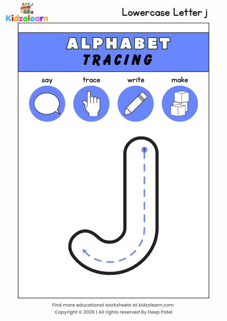 Free lowercase letter j tracing worksheet for kids – printable PDF with say, trace, write and make activities and numbered dotted stroke guidelines
