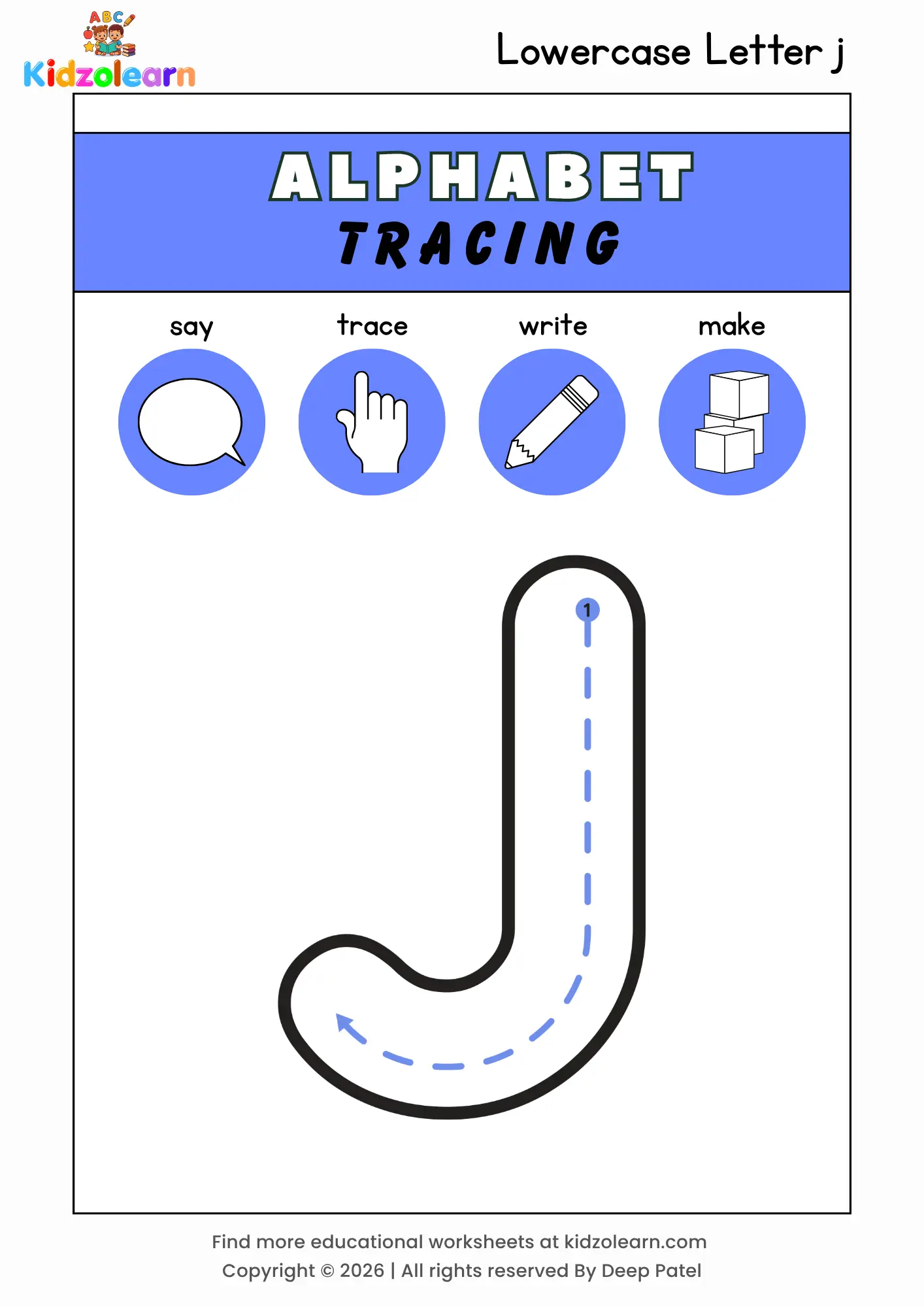 Free lowercase letter j tracing worksheet for kids – printable PDF with say, trace, write and make activities and numbered dotted stroke guidelines