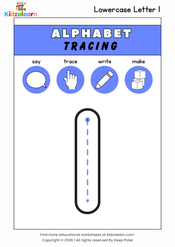 Free lowercase letter l tracing worksheet for kids – printable PDF with say, trace, write and make activities and numbered dotted stroke guidelines