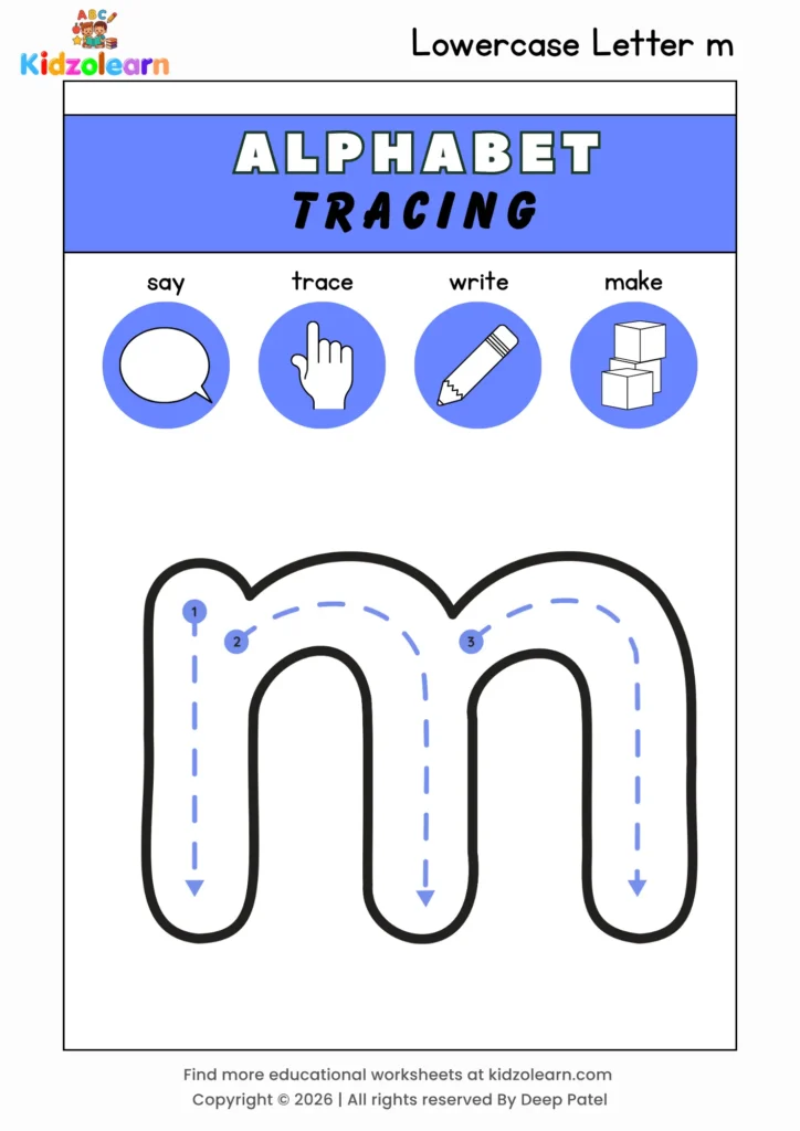 Free lowercase letter m tracing worksheet for kids – printable PDF with say, trace, write and make activities and numbered dotted stroke guidelines