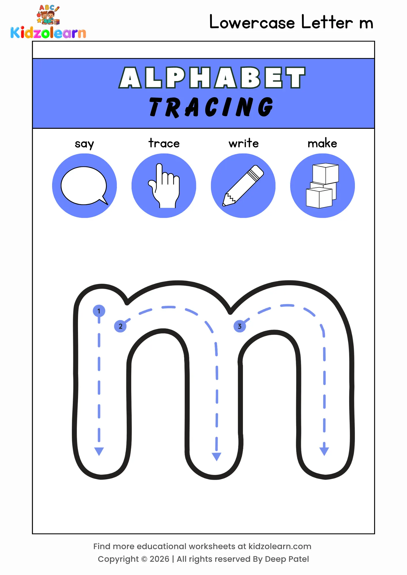 Free lowercase letter m tracing worksheet for kids – printable PDF with say, trace, write and make activities and numbered dotted stroke guidelines