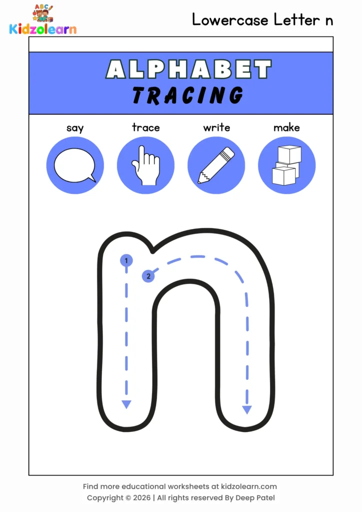 Free lowercase letter n tracing worksheet for kids – printable PDF with say, trace, write and make activities and numbered dotted stroke guidelines