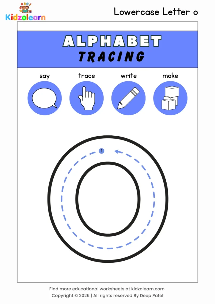 Free lowercase letter o tracing worksheet for kids – printable PDF with say, trace, write and make activities and numbered dotted stroke guidelines