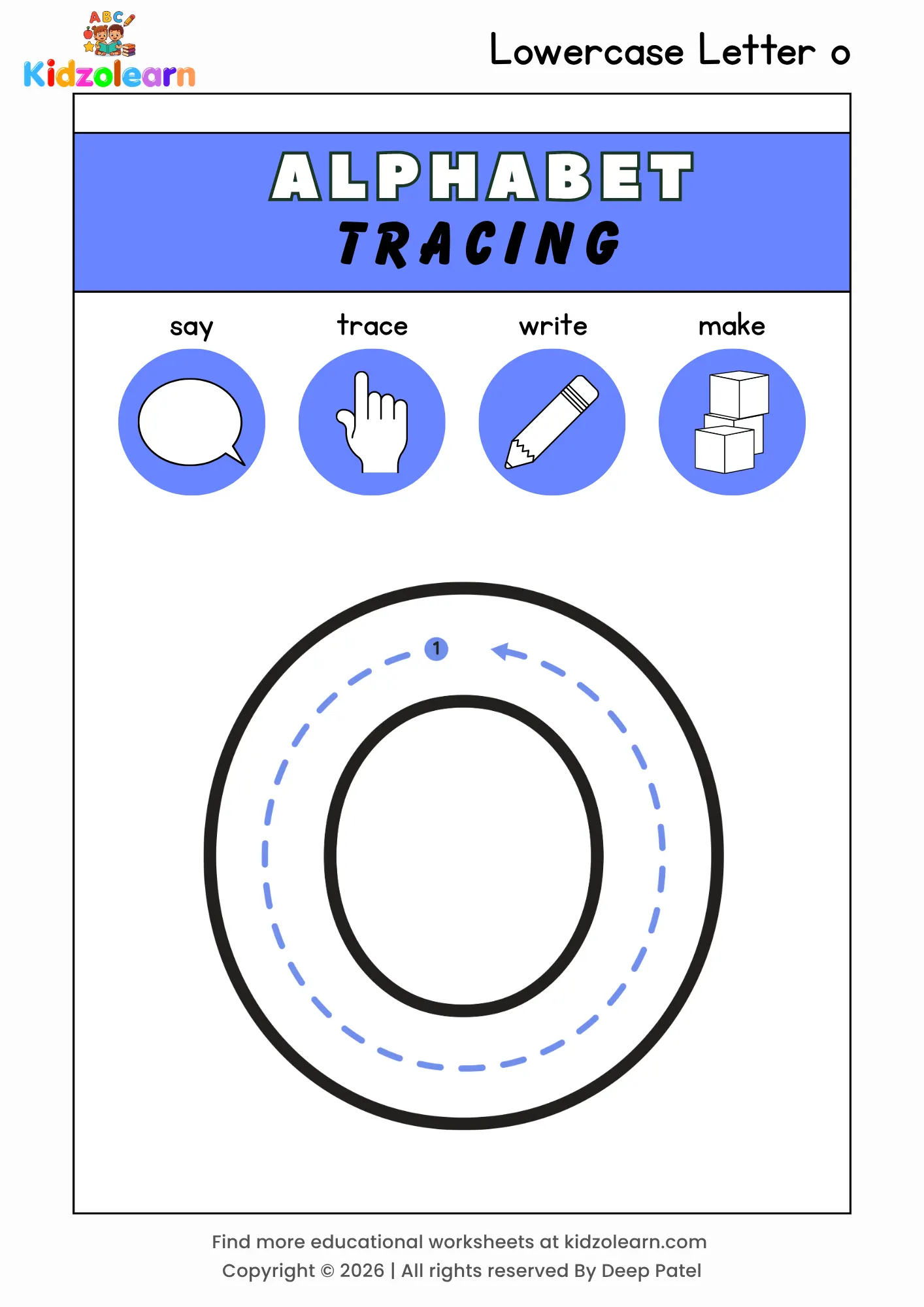Free lowercase letter o tracing worksheet for kids – printable PDF with say, trace, write and make activities and numbered dotted stroke guidelines
