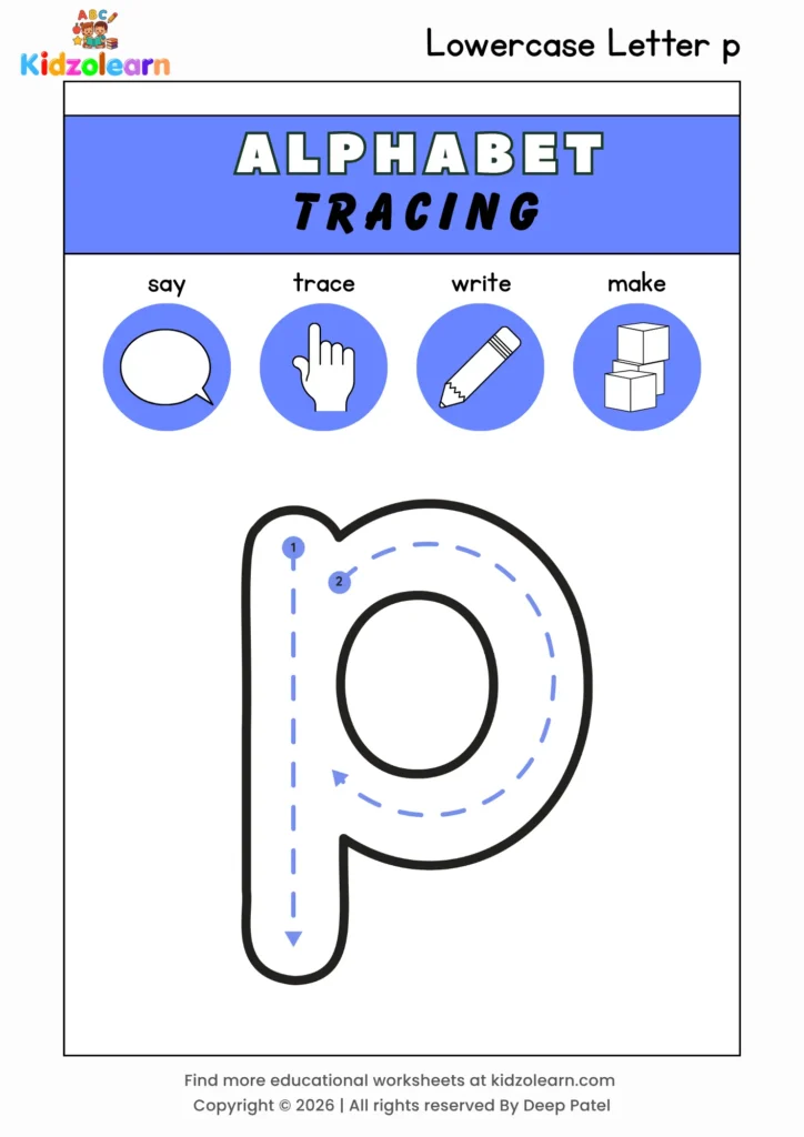 Free lowercase letter p tracing worksheet for kids – printable PDF with say, trace, write and make activities and numbered dotted stroke guidelines