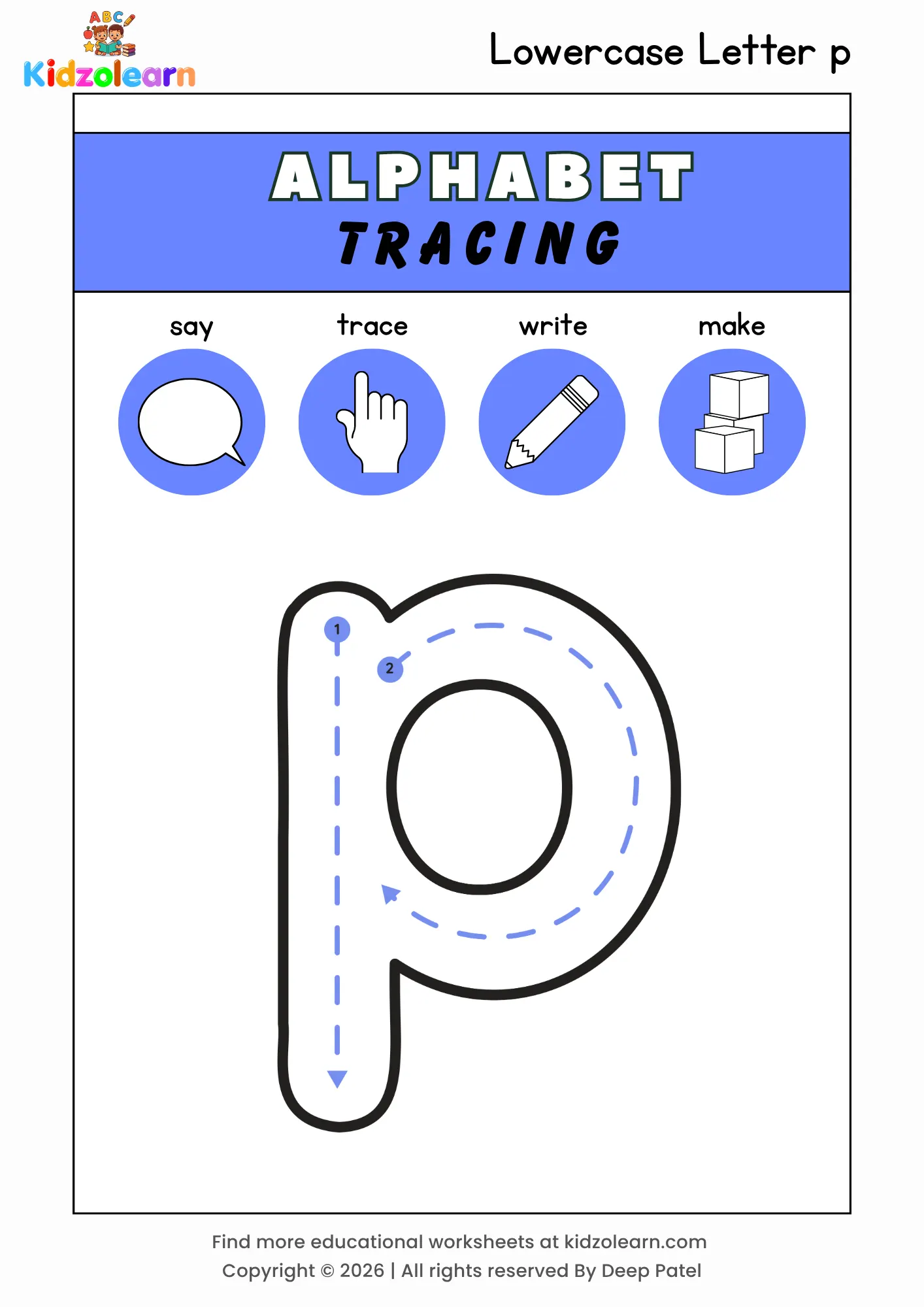 Free lowercase letter p tracing worksheet for kids – printable PDF with say, trace, write and make activities and numbered dotted stroke guidelines
