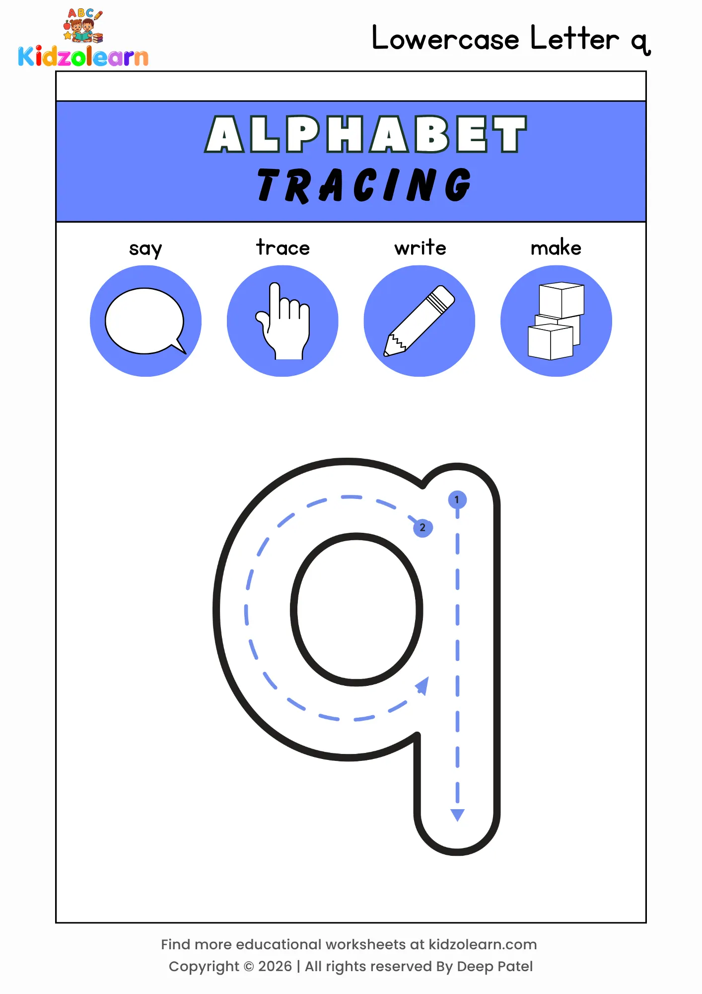 Free lowercase letter q tracing worksheet for kids – printable PDF with say, trace, write and make activities and numbered dotted stroke guidelines