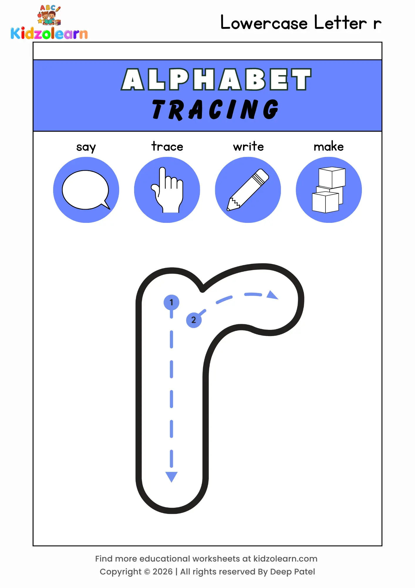 Free lowercase letter r tracing worksheet for kids – printable PDF with say, trace, write and make activities and numbered dotted stroke guidelines