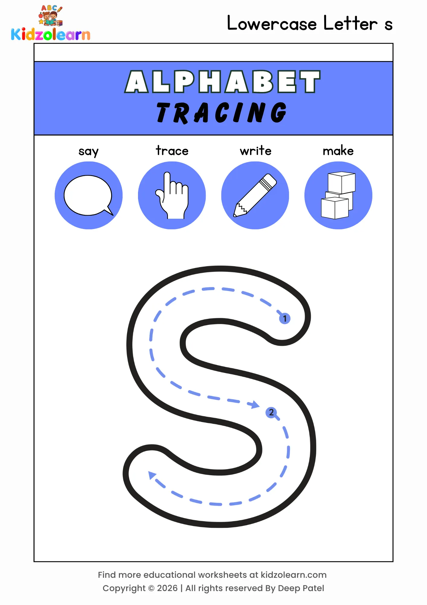 Free lowercase letter s tracing worksheet for kids – printable PDF with say, trace, write and make activities and numbered dotted stroke guidelines