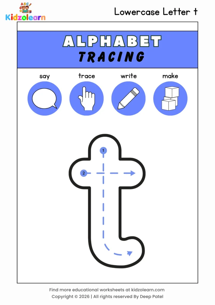 Free lowercase letter t tracing worksheet for kids – printable PDF with say, trace, write and make activities and numbered dotted stroke guidelines