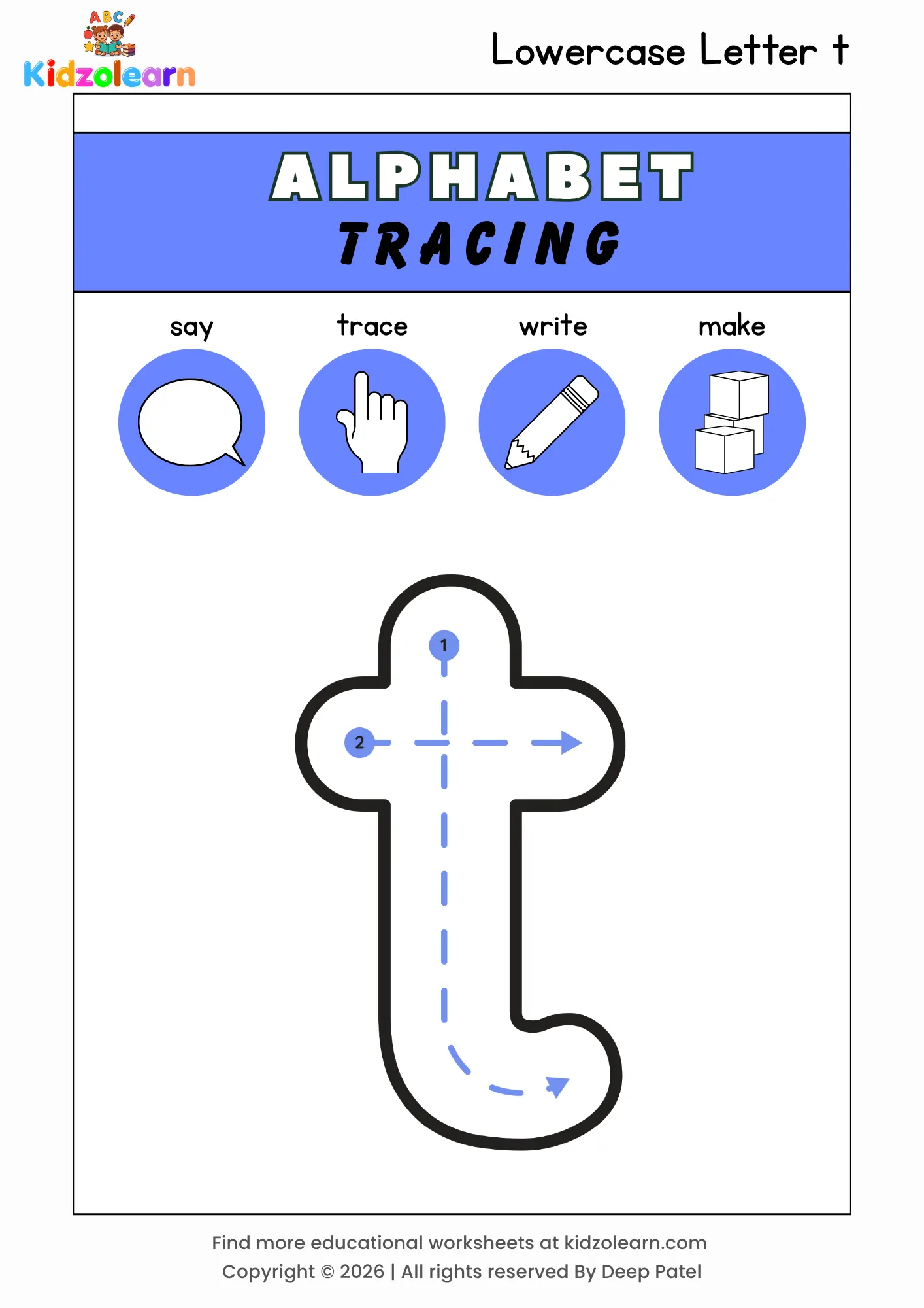 Free lowercase letter t tracing worksheet for kids – printable PDF with say, trace, write and make activities and numbered dotted stroke guidelines