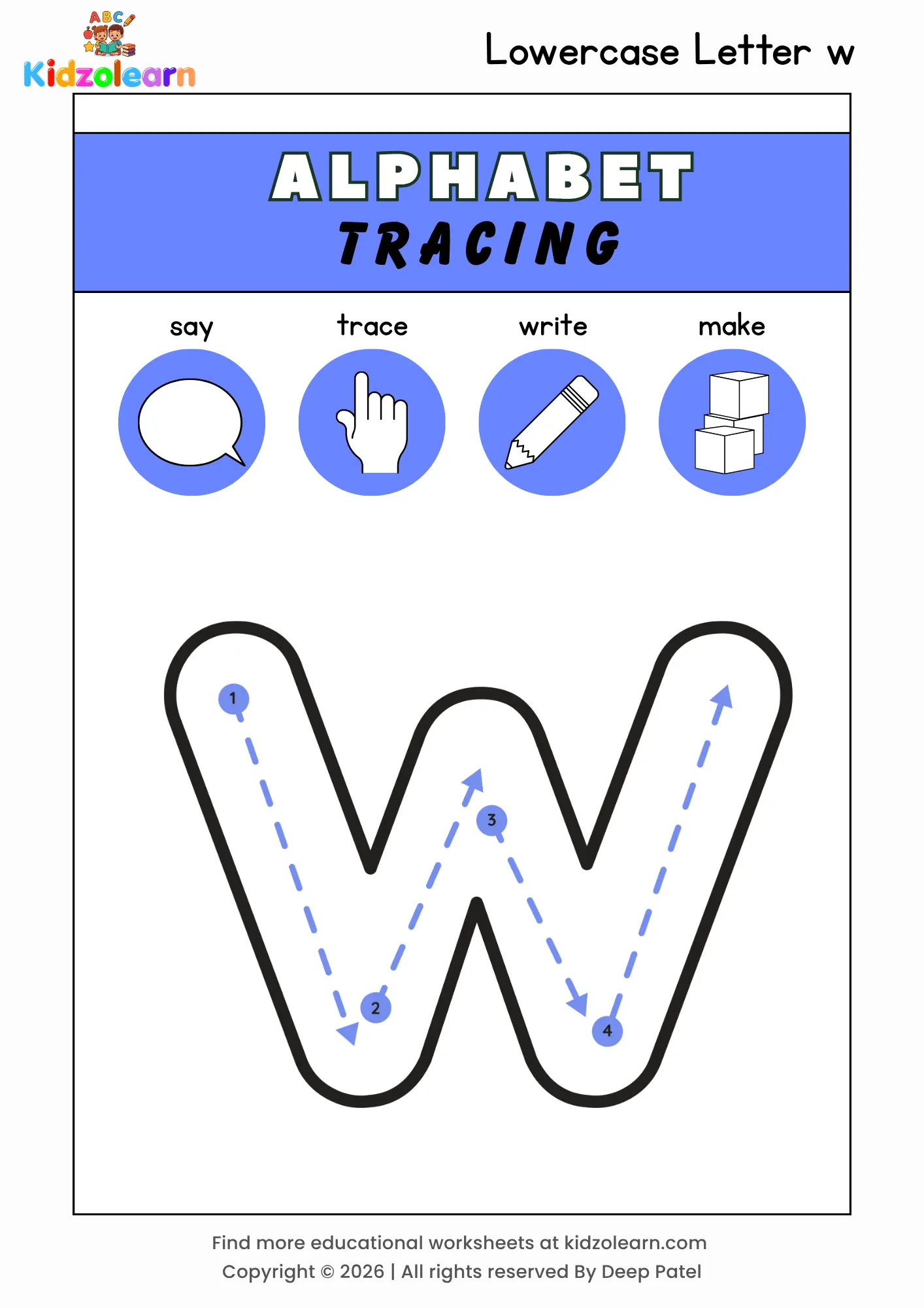 Free lowercase letter w tracing worksheet for kids – printable PDF with say, trace, write and make activities and numbered dotted stroke guidelines