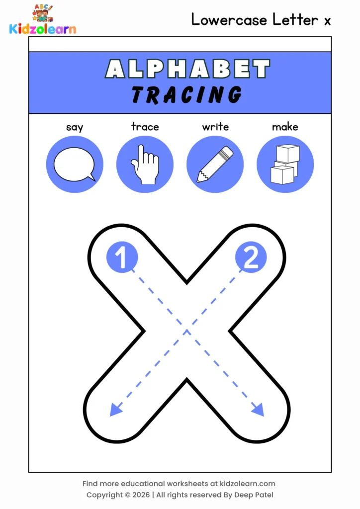 Free lowercase letter x tracing worksheet for kids – printable PDF with say, trace, write and make activities and numbered dotted stroke guidelines