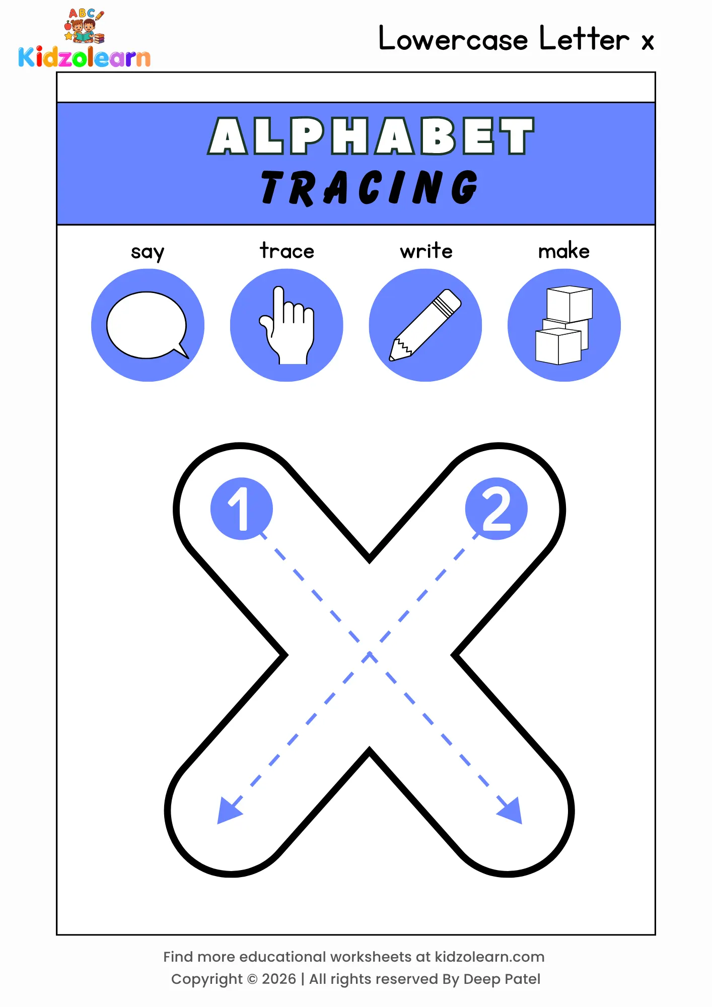 Free lowercase letter x tracing worksheet for kids – printable PDF with say, trace, write and make activities and numbered dotted stroke guidelines