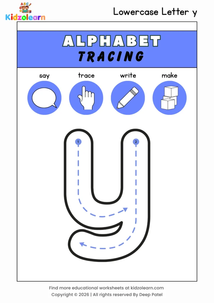 Free lowercase letter y tracing worksheet for kids – printable PDF with say, trace, write and make activities and numbered dotted stroke guidelines