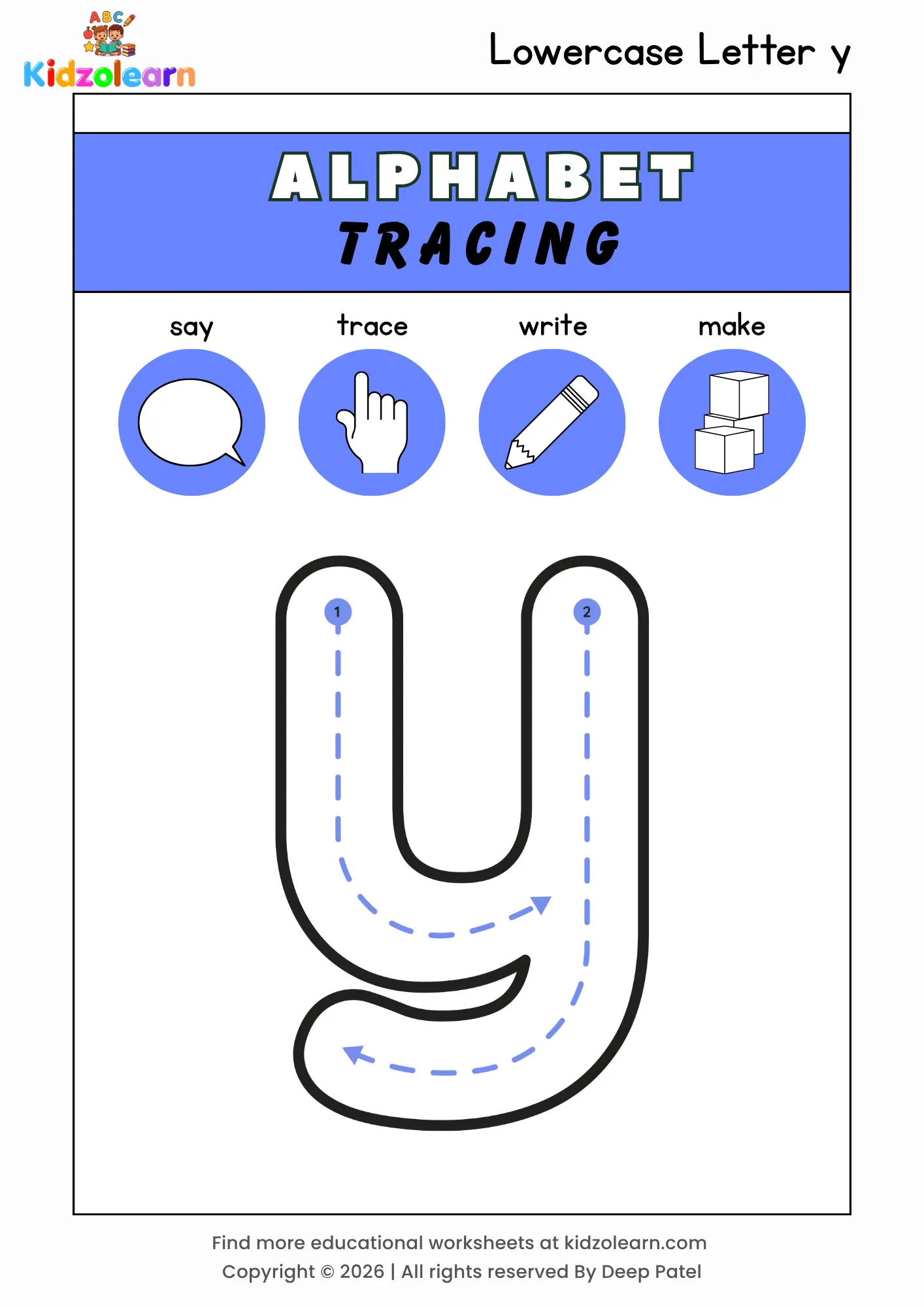 Free lowercase letter y tracing worksheet for kids – printable PDF with say, trace, write and make activities and numbered dotted stroke guidelines
