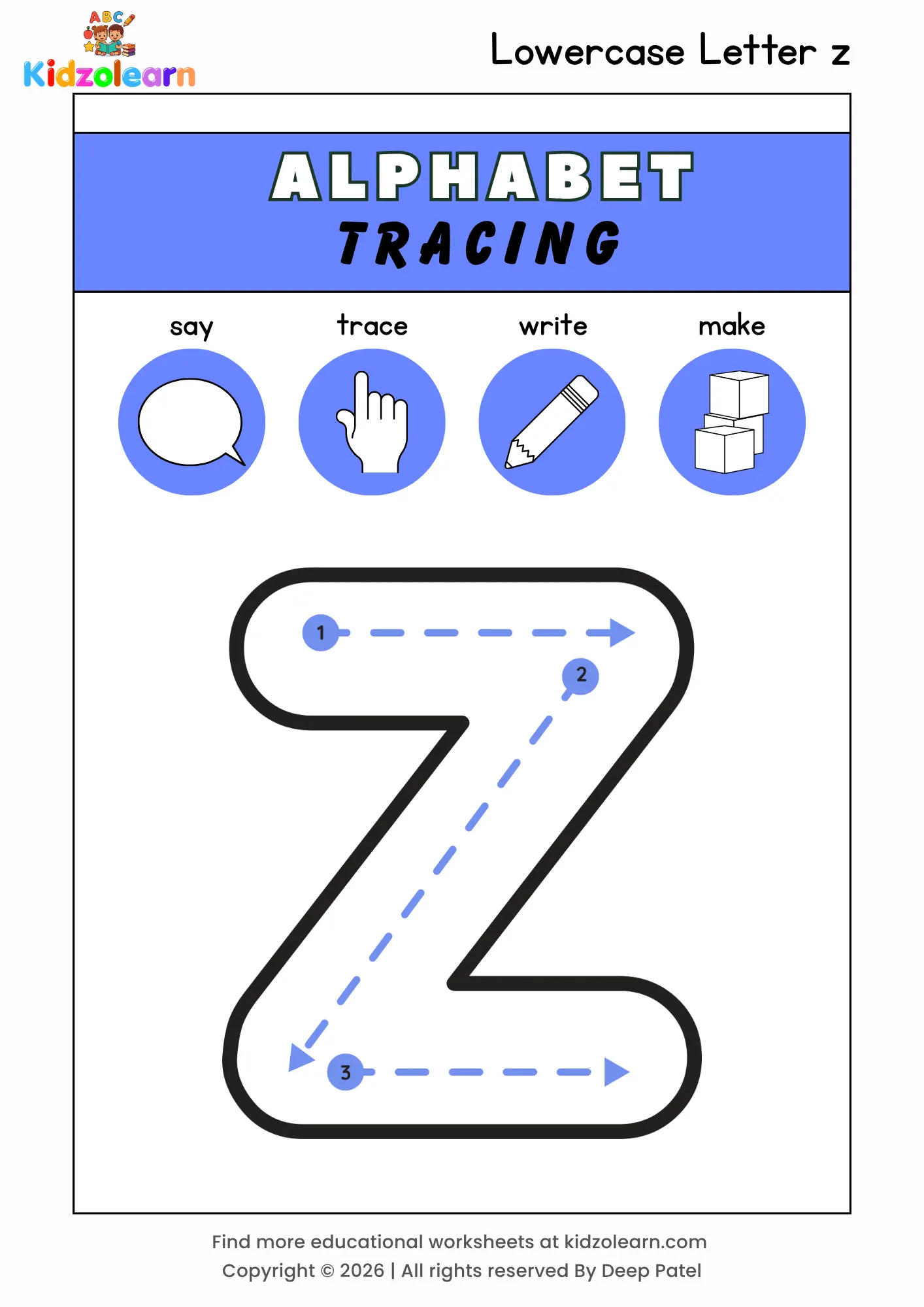 Free lowercase letter z tracing worksheet for kids – printable PDF with say, trace, write and make activities and numbered dotted stroke guidelines