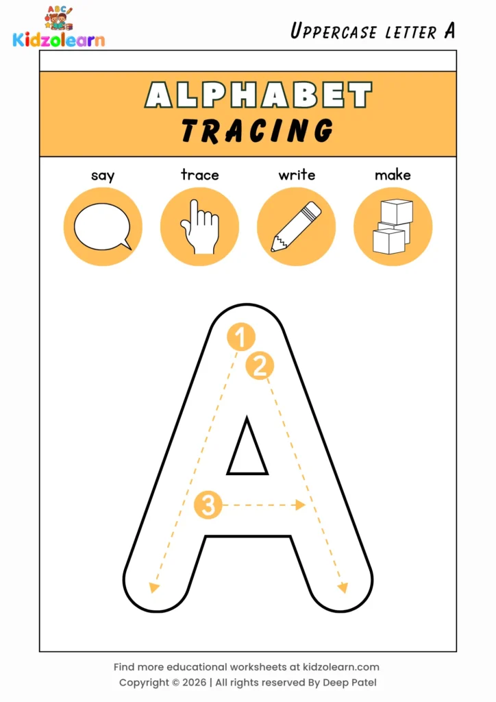 Free uppercase letter A tracing worksheet for kids – printable PDF with dotted tracing guidelines and say, trace, write, make activities