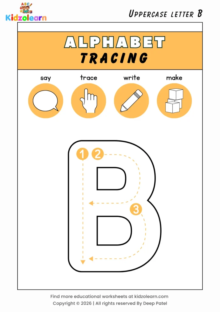 Free uppercase letter B tracing worksheet for kids – printable PDF with say, trace, write and make activities and numbered dotted stroke guidelines