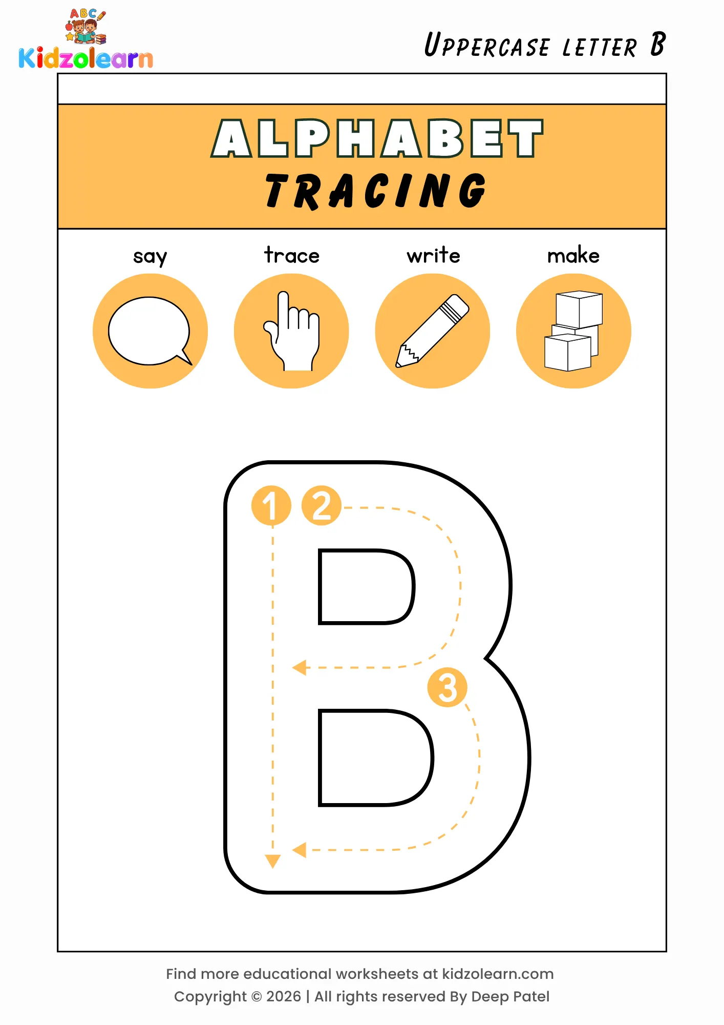 Free uppercase letter B tracing worksheet for kids – printable PDF with say, trace, write and make activities and numbered dotted stroke guidelines