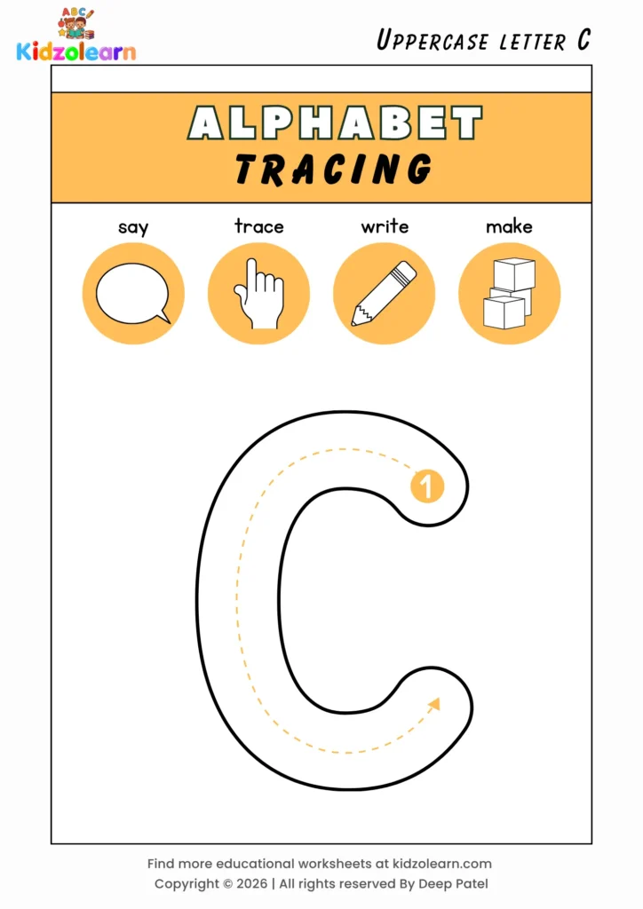 Free uppercase letter C tracing worksheet for kids – printable PDF with say, trace, write and make activities and numbered dotted stroke guidelines