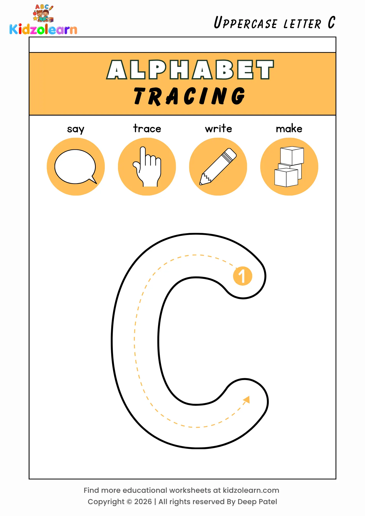 Free uppercase letter C tracing worksheet for kids – printable PDF with say, trace, write and make activities and numbered dotted stroke guidelines