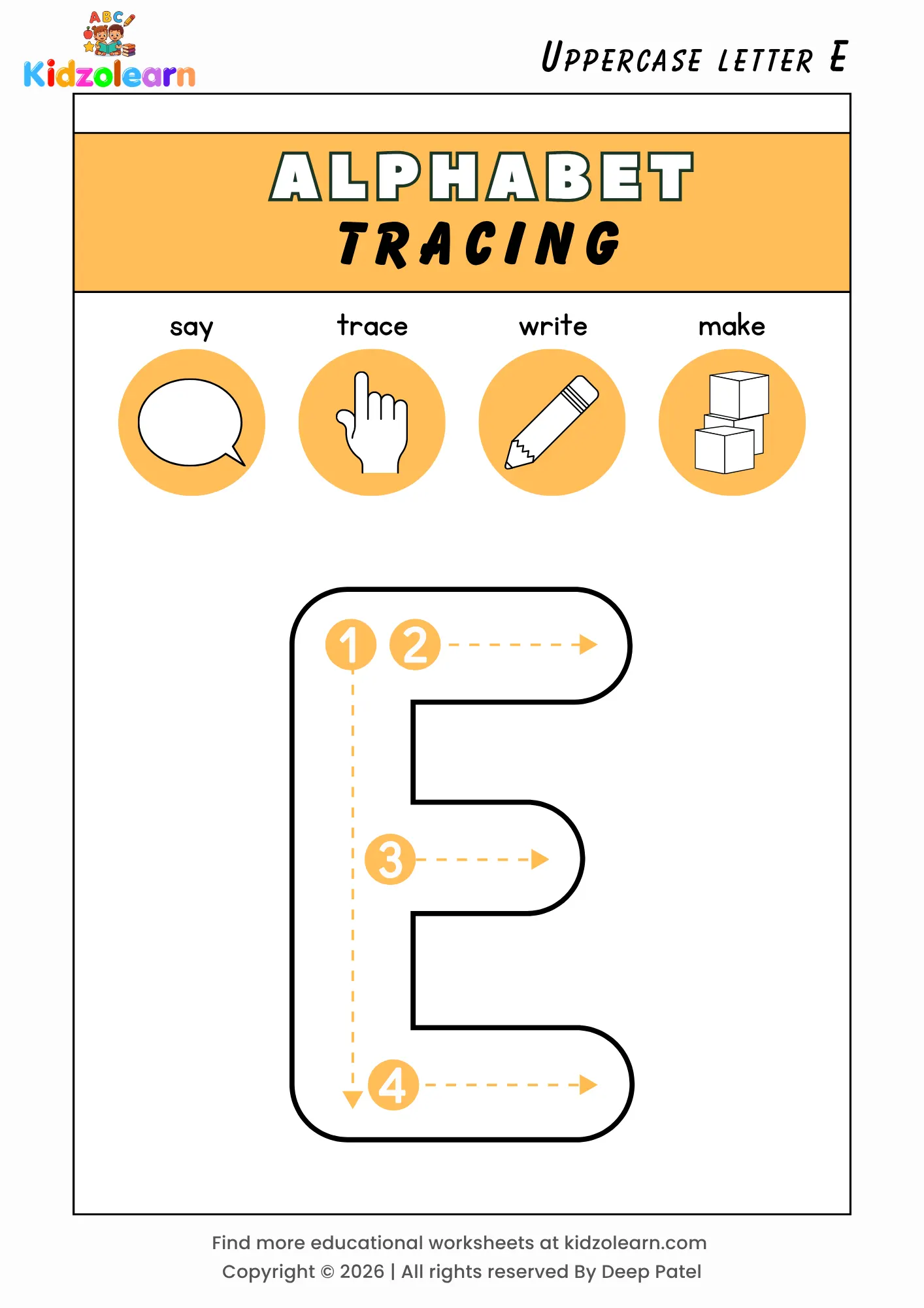 Free uppercase letter E tracing worksheet for kids – printable PDF with say, trace, write and make activities and numbered dotted stroke guidelines