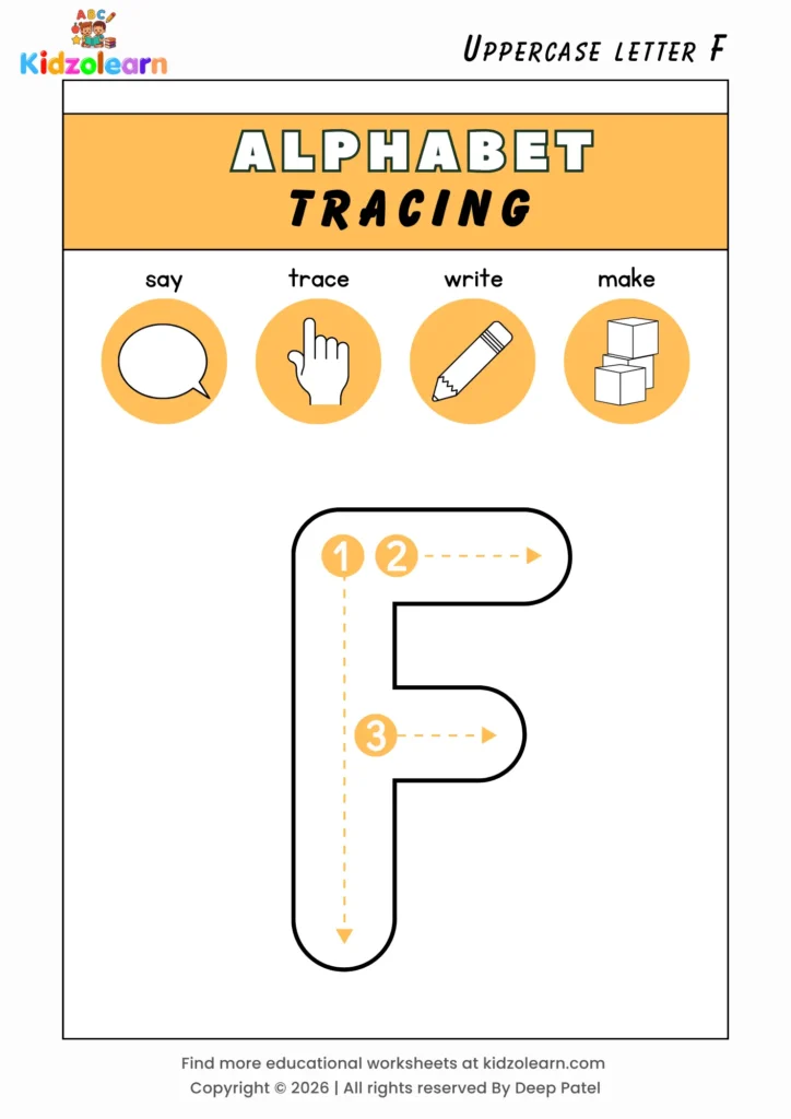 Free uppercase letter F tracing worksheet for kids – printable PDF with say, trace, write and make activities and numbered dotted stroke guidelines