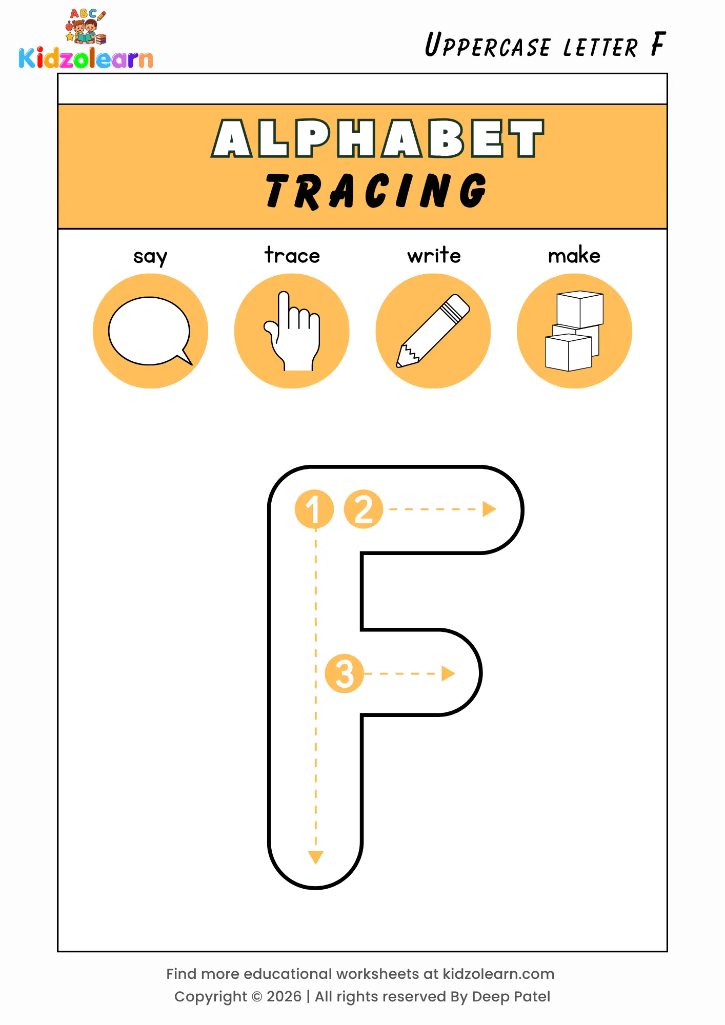 Free uppercase letter F tracing worksheet for kids – printable PDF with say, trace, write and make activities and numbered dotted stroke guidelines
