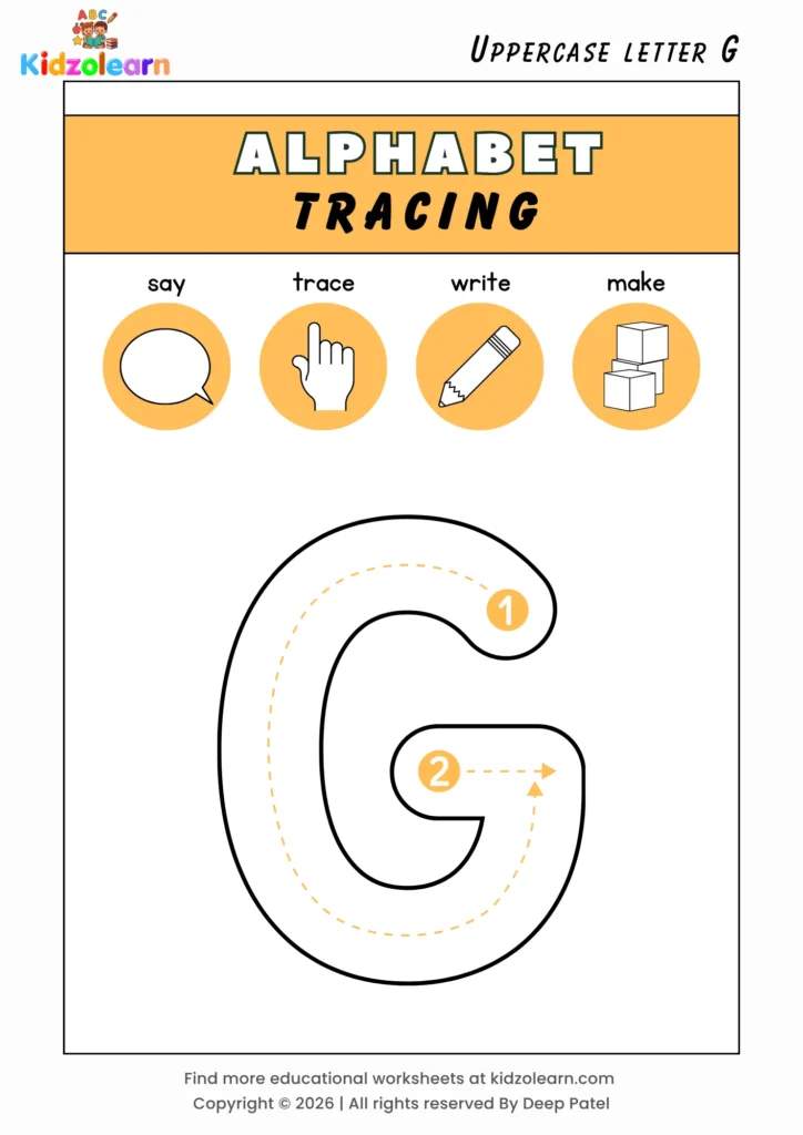 Free uppercase letter G tracing worksheet for kids – printable PDF with say, trace, write and make activities and numbered dotted stroke guidelines