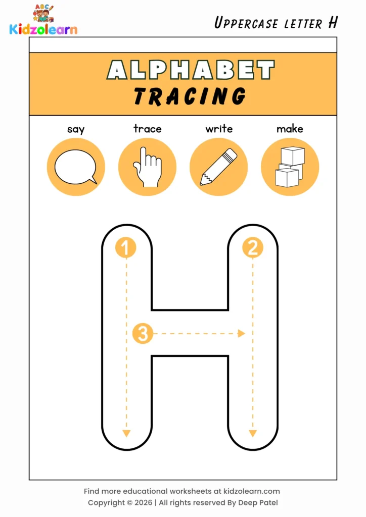 Free uppercase letter H tracing worksheet for kids – printable PDF with say, trace, write and make activities and numbered dotted stroke guidelines