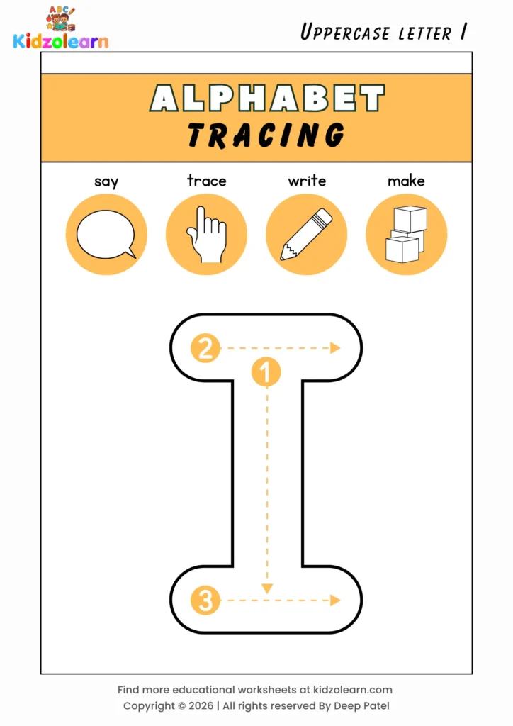 Free uppercase letter I tracing worksheet for kids – printable PDF with say, trace, write and make activities and numbered dotted stroke guidelines