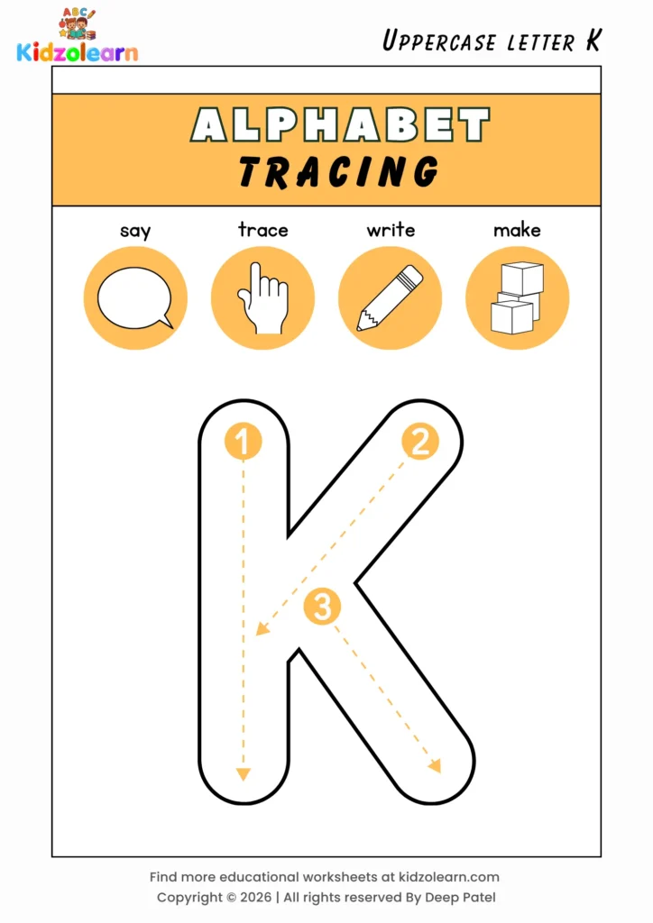 Free uppercase letter K tracing worksheet for kids – printable PDF with say, trace, write and make activities and numbered dotted stroke guidelines